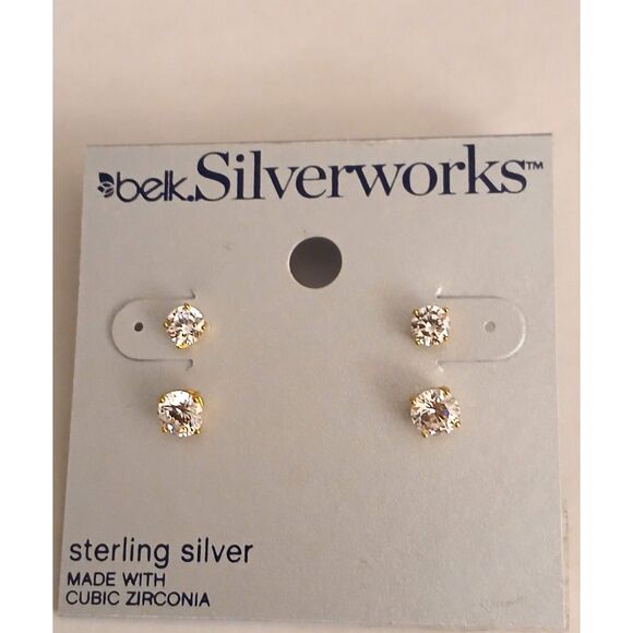 Silverworks Sterling Silver CZ Stud Earrings Set Gold Tone 2 Pair New on Card - Picture 2 of 2